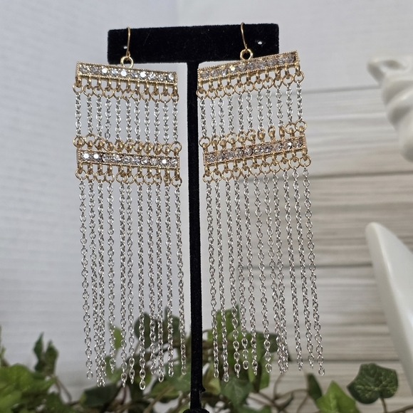 Statement Gold Silver Multi Chain Long Earrings - Picture 8 of 9